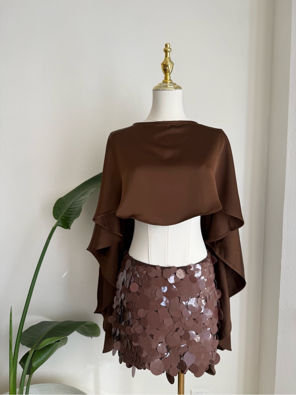 Women's Brown Satin Cape Top and Sequin Mini Skirt Set